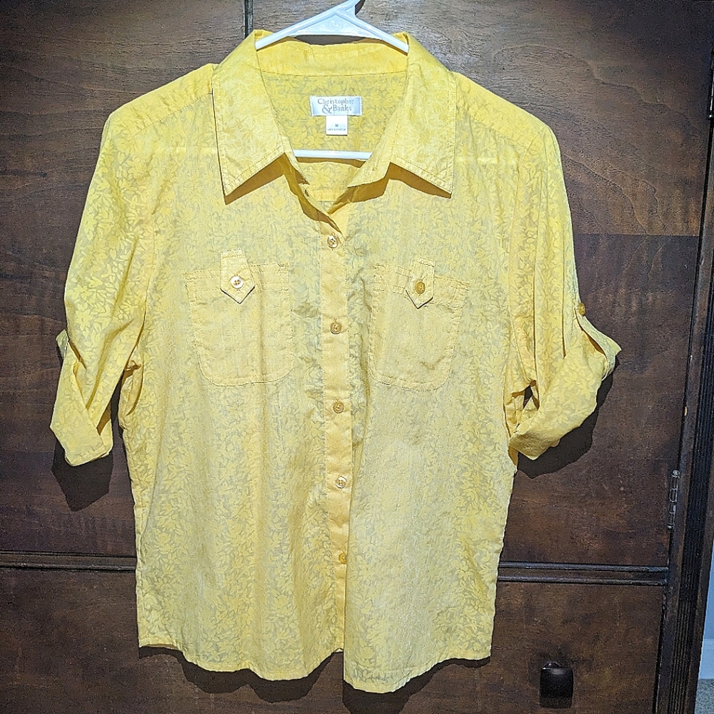 Christopher & Banks Button Tab Sleeve Top / Yellow Floral Pattern Shirt
